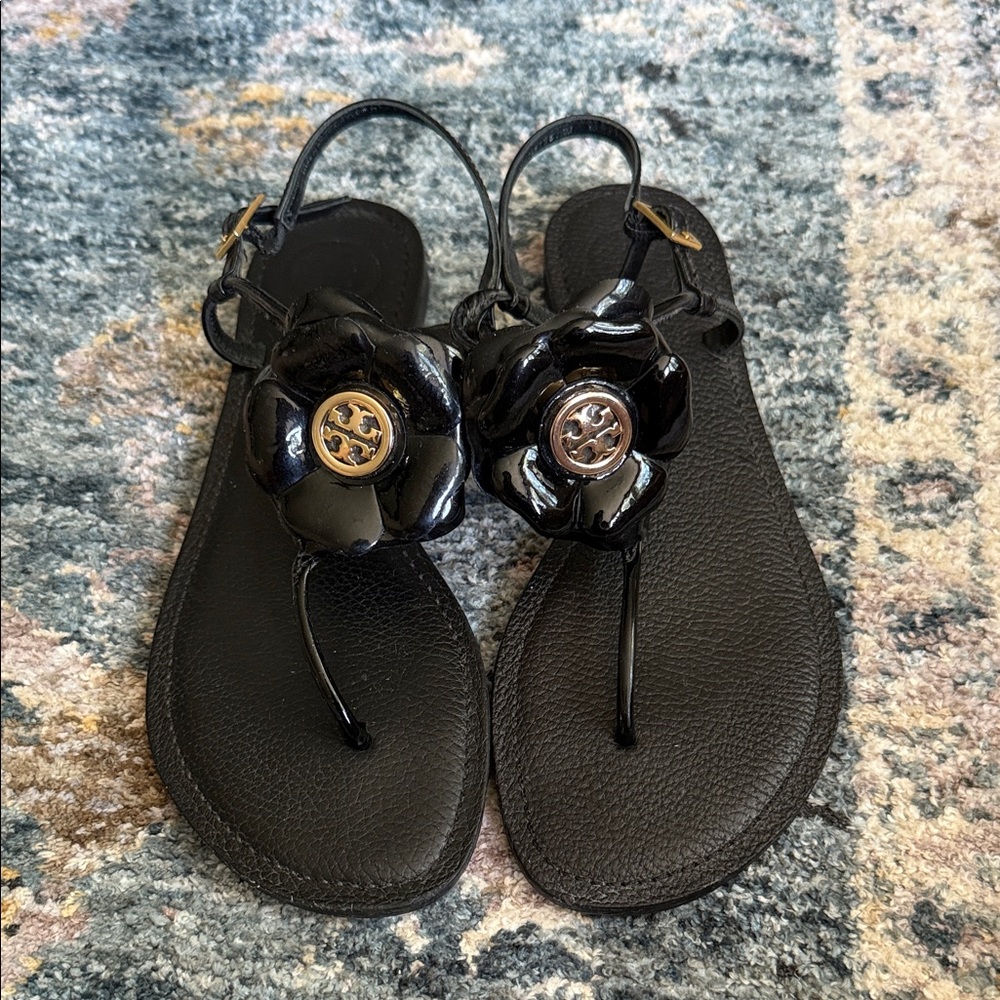 Tory Burch Black Floral Thong Sandals